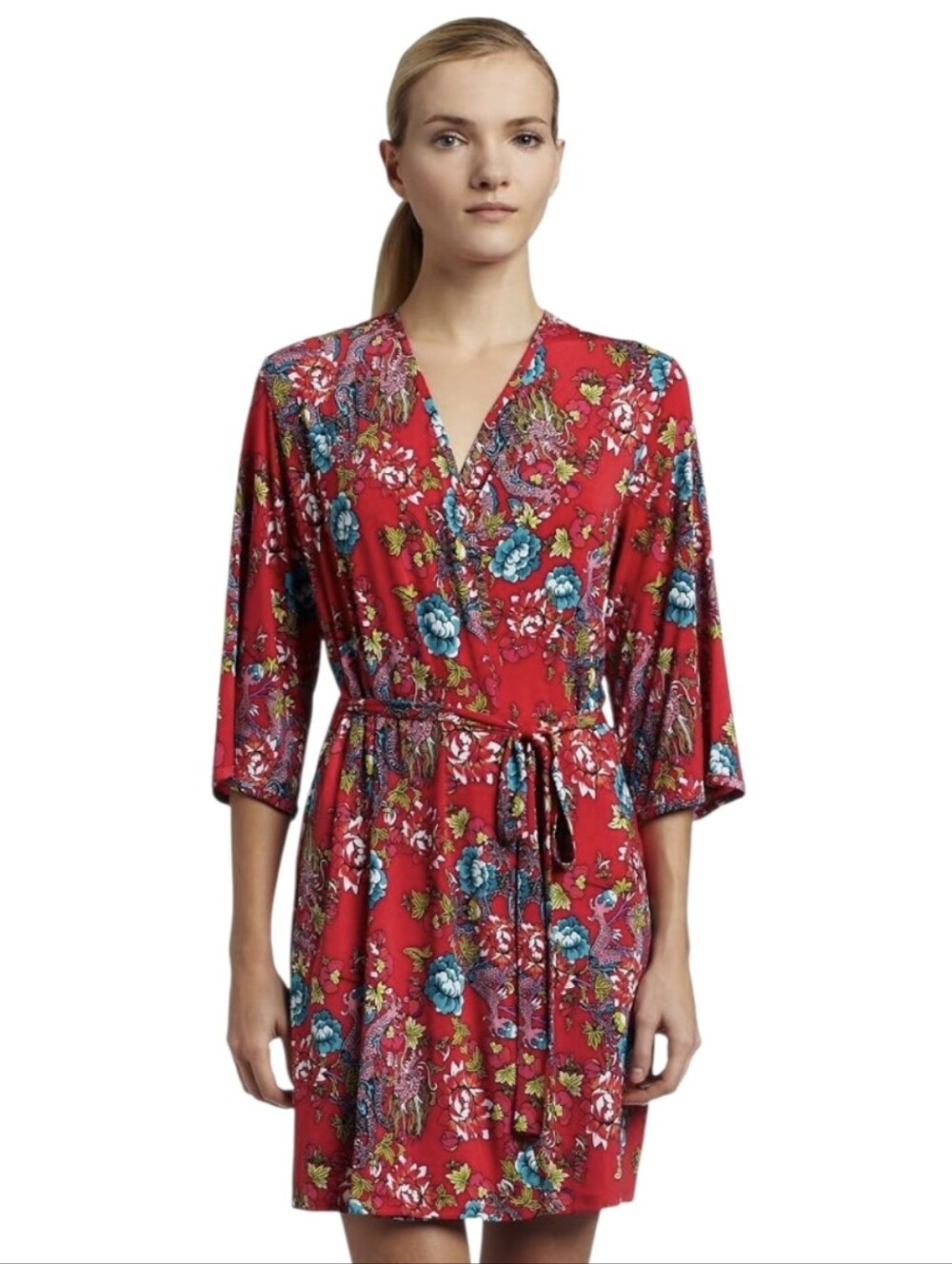 josie natori kimono wrap robe pink floral paisley belted lounge dressing gown m